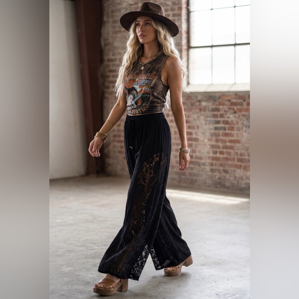 NWT Angie Boho Gypsy Soul Wide Leg Lace Panel Flare Festival Casual Pants Black - Picture 5 of 6